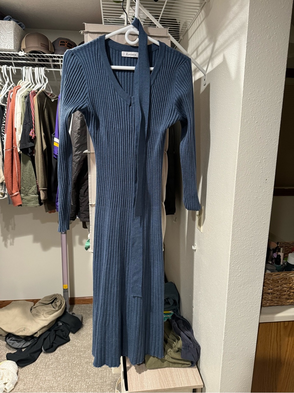 Maternity Ribbed V‑Neck Long Sleeve Knit Dress with Self-Tie in Slate Blue
